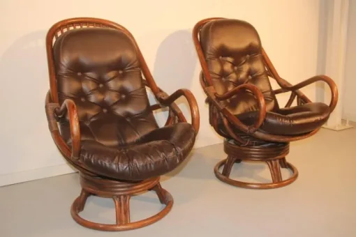 Pamono Set of Rattan & Leather Swivel Lounge Chairs, 1960s New