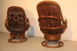 Pamono Set of Rattan & Leather Swivel Lounge Chairs, 1960s New