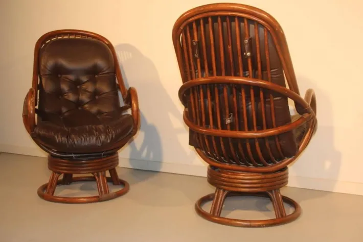 Pamono Set of Rattan & Leather Swivel Lounge Chairs, 1960s New