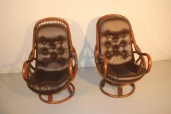 Pamono Set of Rattan & Leather Swivel Lounge Chairs, 1960s New