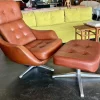 Pamono Set of Vintage Vinyl Leather Lounge Swivel Chair and Ottoman in Cognac Brown, 1970s