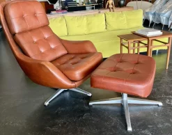 Pamono Set of Vintage Vinyl Leather Lounge Swivel Chair and Ottoman in Cognac Brown, 1970s