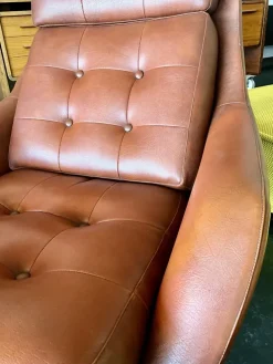 Pamono Set of Vintage Vinyl Leather Lounge Swivel Chair and Ottoman in Cognac Brown, 1970s