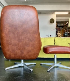 Pamono Set of Vintage Vinyl Leather Lounge Swivel Chair and Ottoman in Cognac Brown, 1970s