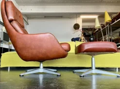 Pamono Set of Vintage Vinyl Leather Lounge Swivel Chair and Ottoman in Cognac Brown, 1970s