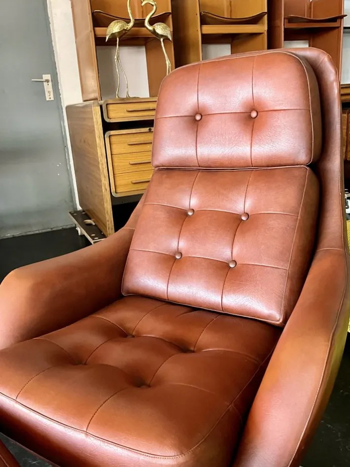Pamono Set of Vintage Vinyl Leather Lounge Swivel Chair and Ottoman in Cognac Brown, 1970s