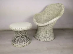 Pamono Set of Vintage White Rattan Armchair and Table Sale