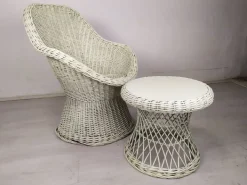 Pamono Set of Vintage White Rattan Armchair and Table Sale