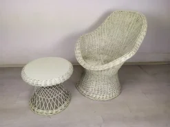 Pamono Set of Vintage White Rattan Armchair and Table Sale