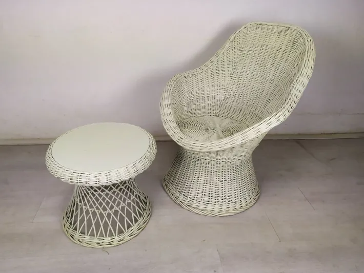 Pamono Set of Vintage White Rattan Armchair and Table Sale