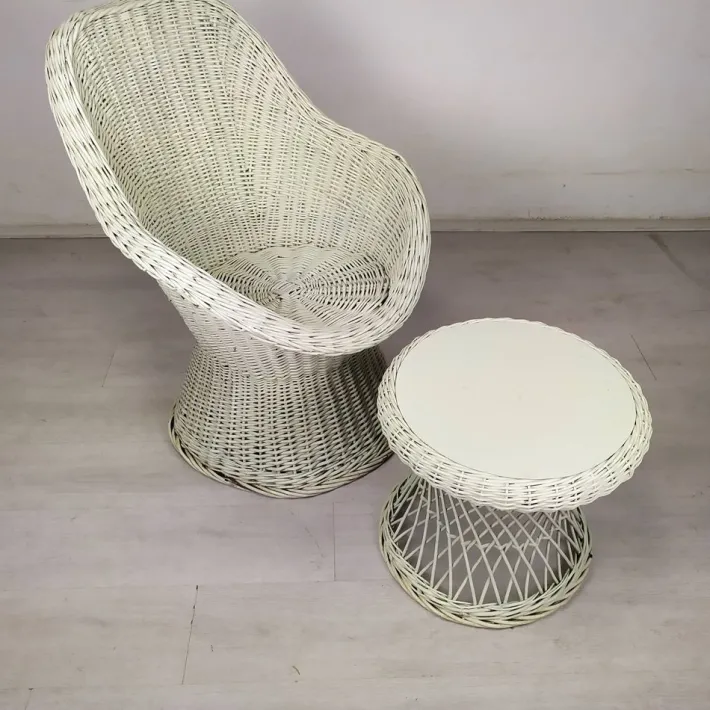 Pamono Set of Vintage White Rattan Armchair and Table Sale