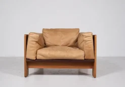 Pamono Set of Wood & Leather Bastiano Seating Set by Tobia Scarpa for Gavina, Italy, 1960s New