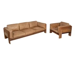 Pamono Set of Wood & Leather Bastiano Seating Set by Tobia Scarpa for Gavina, Italy, 1960s New