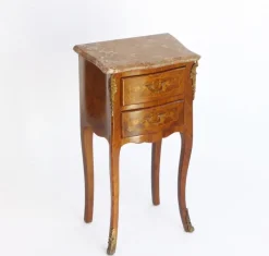 Pamono Small Antique Louis XV Style Wooden Nightstand with Marquetry Details, Brown Marble Top and Brass Details Sale