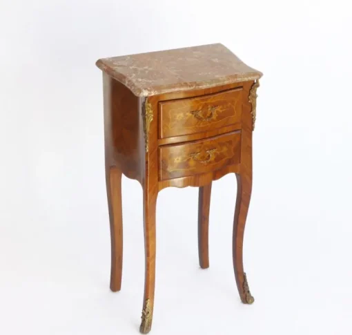 Pamono Small Antique Louis XV Style Wooden Nightstand with Marquetry Details, Brown Marble Top and Brass Details Sale