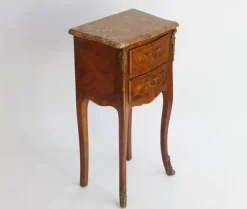 Pamono Small Antique Louis XV Style Wooden Nightstand with Marquetry Details, Brown Marble Top and Brass Details Sale