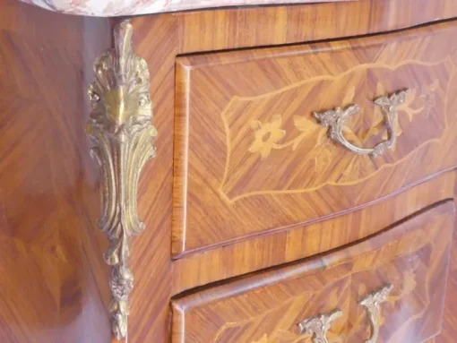 Pamono Small Antique Louis XV Style Wooden Nightstand with Marquetry Details, Brown Marble Top and Brass Details Sale