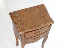 Pamono Small Antique Louis XV Style Wooden Nightstand with Marquetry Details, Brown Marble Top and Brass Details Sale