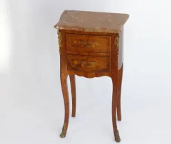 Pamono Small Antique Louis XV Style Wooden Nightstand with Marquetry Details, Brown Marble Top and Brass Details Sale
