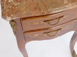 Pamono Small Antique Louis XV Style Wooden Nightstand with Marquetry Details, Brown Marble Top and Brass Details Sale