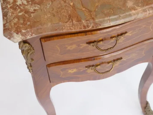 Pamono Small Antique Louis XV Style Wooden Nightstand with Marquetry Details, Brown Marble Top and Brass Details Sale