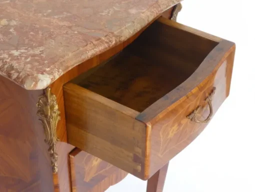 Pamono Small Antique Louis XV Style Wooden Nightstand with Marquetry Details, Brown Marble Top and Brass Details Sale