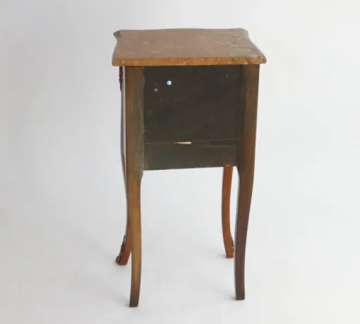Pamono Small Antique Louis XV Style Wooden Nightstand with Marquetry Details, Brown Marble Top and Brass Details Sale
