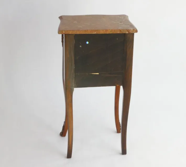Pamono Small Antique Louis XV Style Wooden Nightstand with Marquetry Details, Brown Marble Top and Brass Details Sale