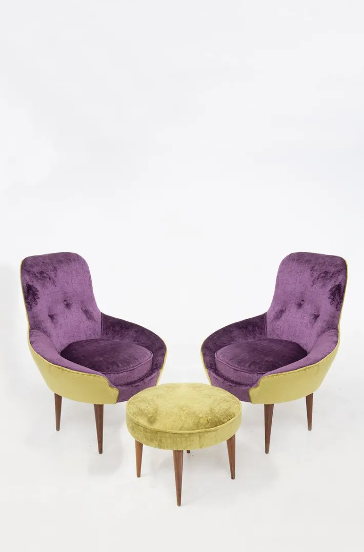 Pamono Small Vintage Wooden Armchairs & Pouf in Purple and Green Velvet, Set of 3 Discount