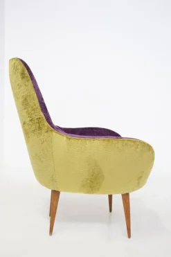 Pamono Small Vintage Wooden Armchairs & Pouf in Purple and Green Velvet, Set of 3 Discount