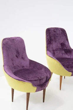 Pamono Small Vintage Wooden Armchairs & Pouf in Purple and Green Velvet, Set of 3 Discount
