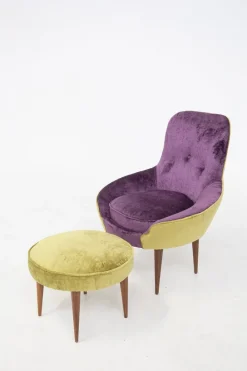 Pamono Small Vintage Wooden Armchairs & Pouf in Purple and Green Velvet, Set of 3 Discount