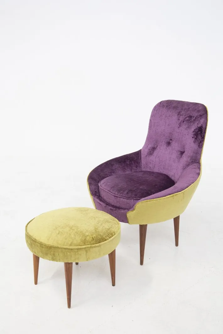 Pamono Small Vintage Wooden Armchairs & Pouf in Purple and Green Velvet, Set of 3 Discount