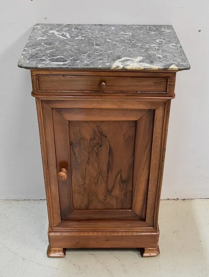 Pamono Small Walnut and Marble Bedside Table, 1900s