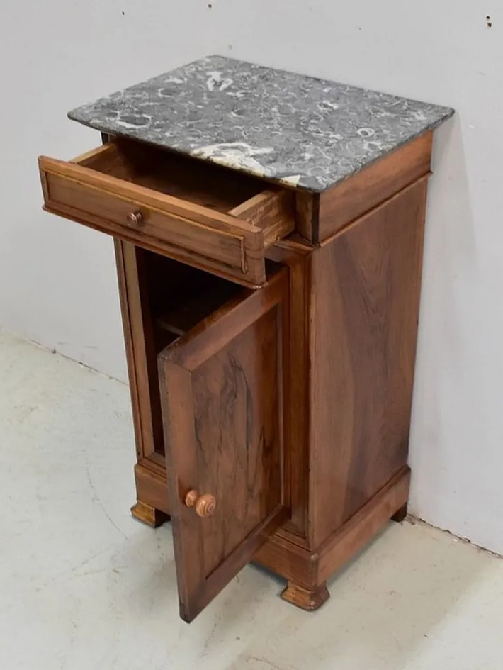 Pamono Small Walnut and Marble Bedside Table, 1900s