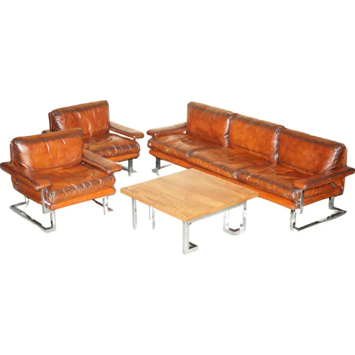 Pamono Sofa and Armchair Suite in Leather and Chrome, Set of 4 Clearance