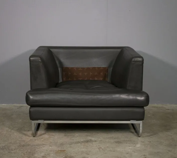 Pamono Sofa and Lounge Chair in Anthracite Leather from Valdichienti, 1970s, Set of 2