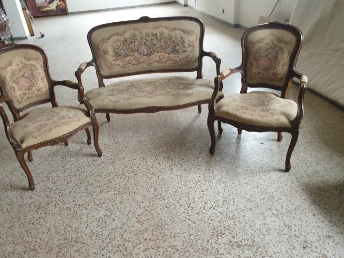 Pamono Sofa and Two Armchairs with Walnut Frame Embroidered Upholstery, Set of 3 Best