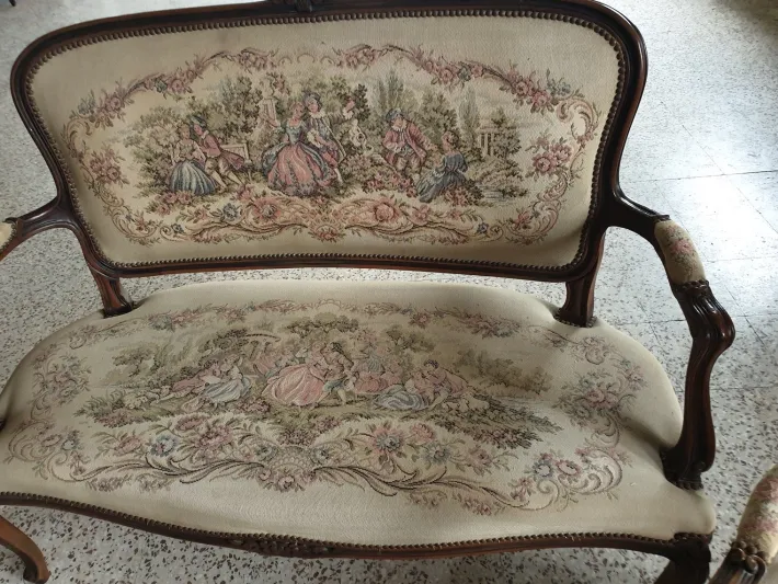 Pamono Sofa and Two Armchairs with Walnut Frame Embroidered Upholstery, Set of 3 Best