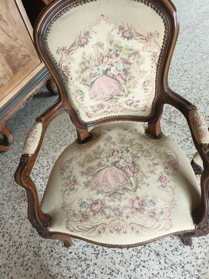 Pamono Sofa and Two Armchairs with Walnut Frame Embroidered Upholstery, Set of 3 Best