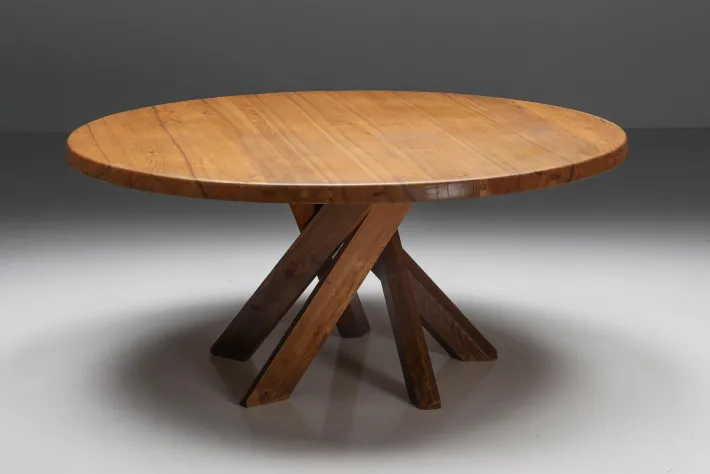 Pamono Solid Elm T21 Round Dining Table Pierre Chapo, France, 1973 Clearance