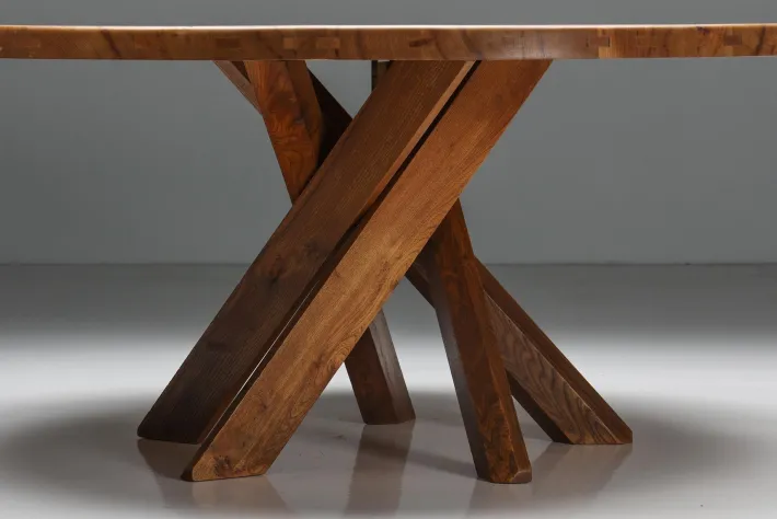 Pamono Solid Elm T21 Round Dining Table Pierre Chapo, France, 1973 Clearance