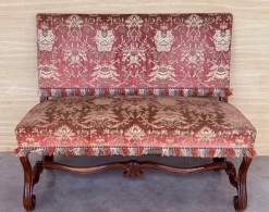 Pamono Spanish Damask Velvet Bench with Carved Walnut Legs, 1900s New