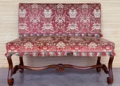 Pamono Spanish Damask Velvet Bench with Carved Walnut Legs, 1900s New