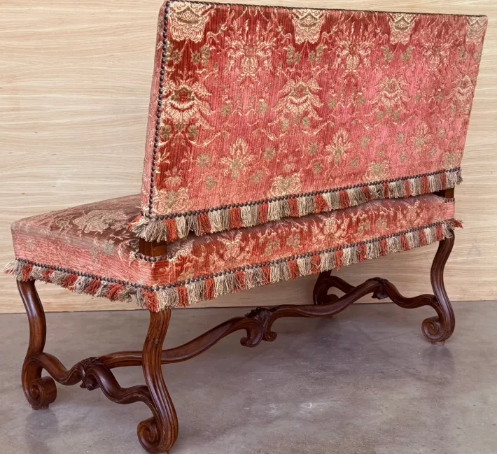 Pamono Spanish Damask Velvet Bench with Carved Walnut Legs, 1900s New