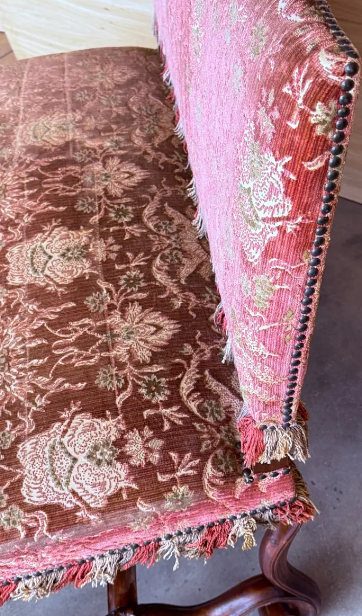 Pamono Spanish Damask Velvet Bench with Carved Walnut Legs, 1900s New