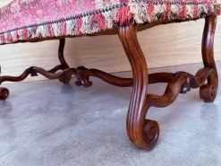 Pamono Spanish Damask Velvet Bench with Carved Walnut Legs, 1900s New