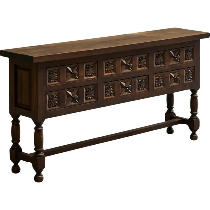 Pamono Spanish Style Sideboard in Hand Carved Walnut and Wrought Iron, 1940s New