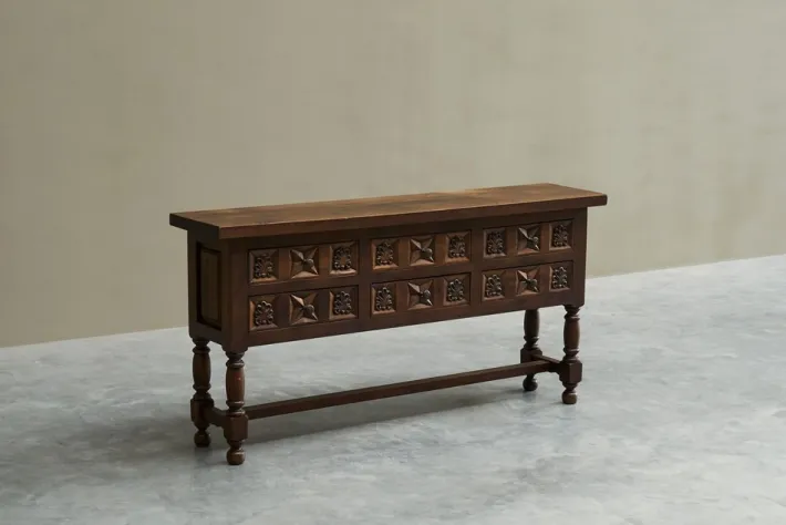 Pamono Spanish Style Sideboard in Hand Carved Walnut and Wrought Iron, 1940s New