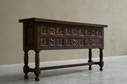 Pamono Spanish Style Sideboard in Hand Carved Walnut and Wrought Iron, 1940s New